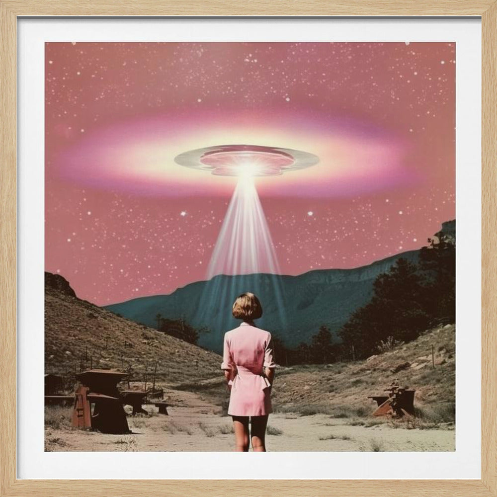 A vintage-style collage artwork in a wood frame depicting a woman in a pink dress standing in a desert landscape, looking up at a large UFO hovering in a pink, starry sky and beaming down a bright light. Print