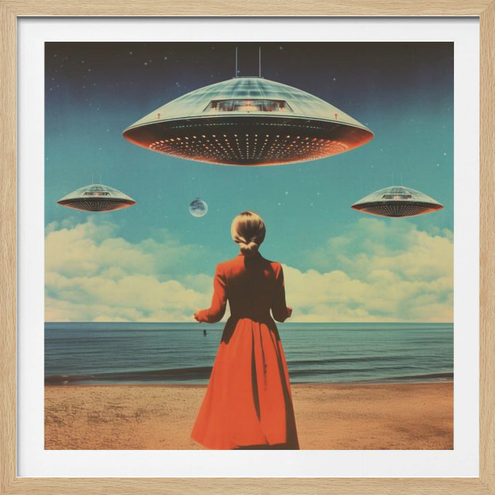 A vintage-style collage artwork showing a woman in a long red coat standing on a sandy beach, looking up at three large flying saucers hovering in a surreal sky that transitions from day to night. Artwork