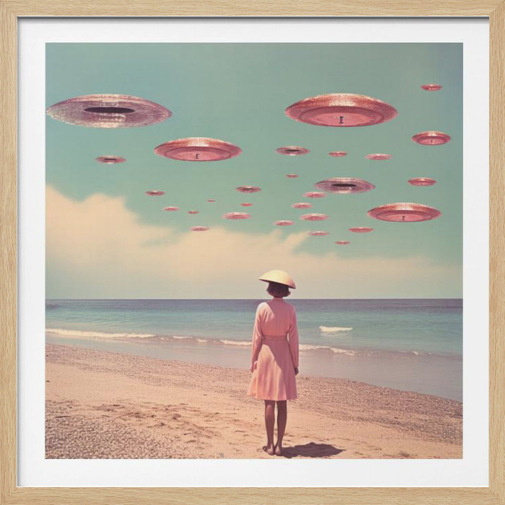 A surreal vintage-style artwork in a wooden frame depicting a woman in a pink dress and a dome-like hat standing on a sandy beach, looking up at a sky filled with numerous pink flying saucers above the ocean. Artwork