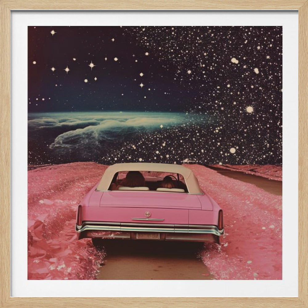 A framed collage-style artwork depicting a vintage pink convertible from behind, driving on a surreal pink road. The background is a vast, dark, star-filled space with a luminous, cloudy planet horizon. Poster