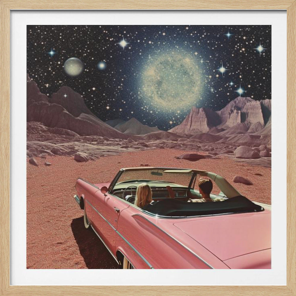 A surreal collage featuring a couple in a vintage pink convertible parked on a reddish, Mars-like landscape under a vast, starry night sky with planets and a large glowing galaxy. Artwork