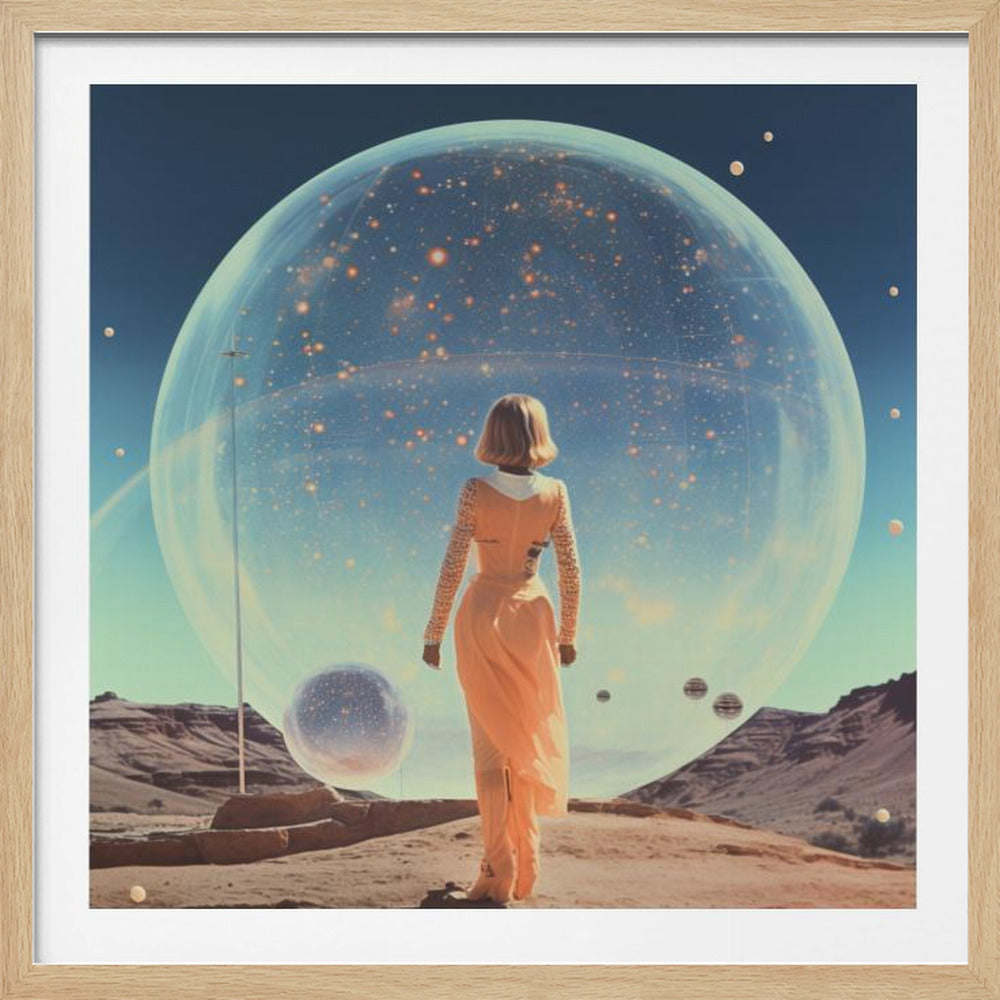 A retro sci-fi artwork of a blonde woman in a peach dress standing in a desert landscape. She gazes at a giant transparent sphere filled with stars, creating a surreal and otherworldly scene within a light wood frame. Wall Art
