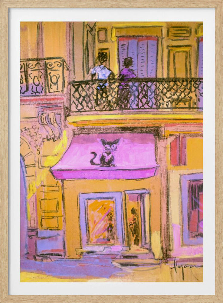 An impressionistic painting of a city street scene with a warm, yellow building. A stylized black cat with large eyes sits on a bright pink awning above a shop window. On the balcony above, two figures stand behind a black wrought-iron railing. Artwork