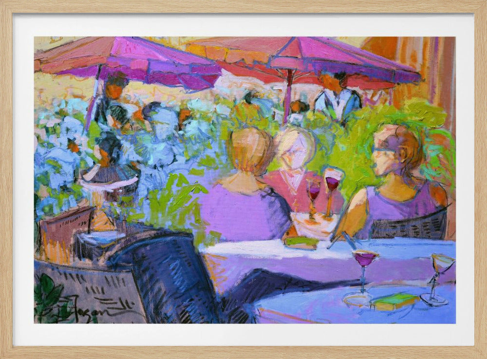A vibrant, impressionistic painting of a bustling outdoor cafe. People sit at tables under large purple umbrellas, surrounded by greenery. In the foreground, three women are enjoying glasses of wine at a table with a lavender tablecloth. Wall Art