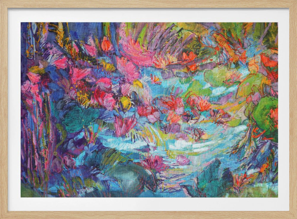 A vibrant and colorful abstract painting in a silver frame, depicting a lively pond scene with water lilies and foliage, rendered in an energetic, expressive style with visible brushstrokes and a rich texture. Poster