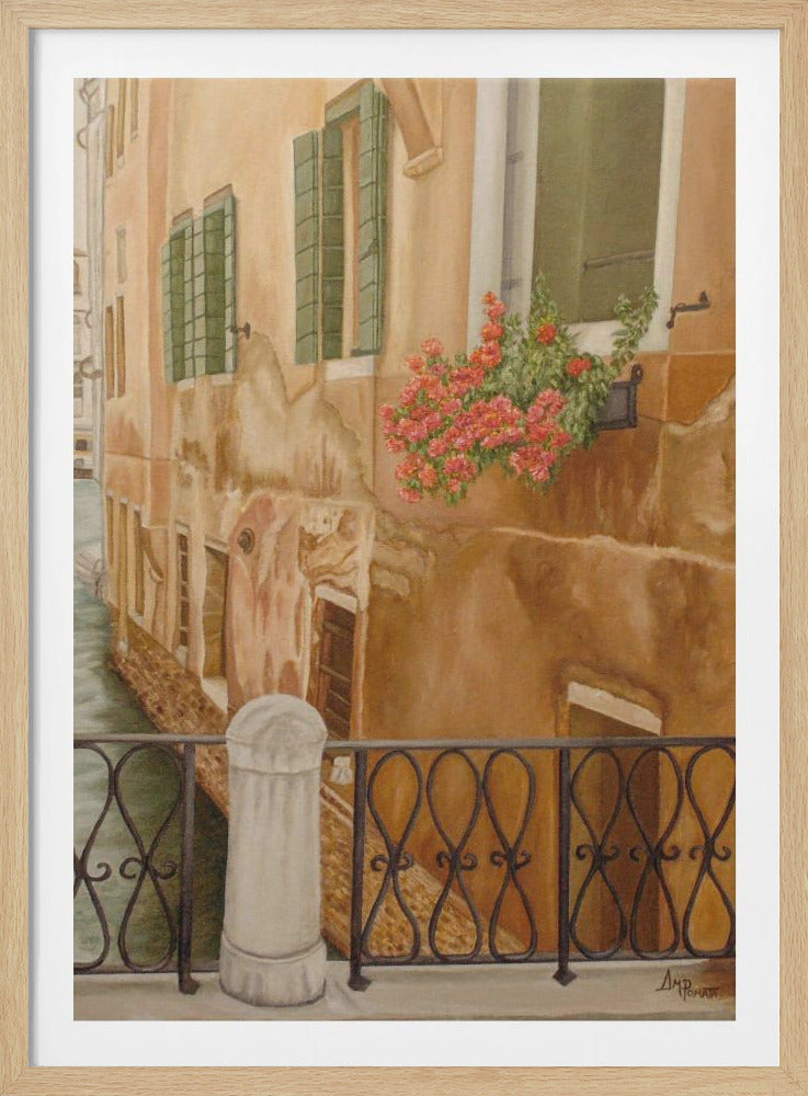 A painting depicting a scenic Venetian canal, viewed from a bridge with a black wrought-iron railing in the foreground. Weathered, ochre-colored buildings with green shutters line the canal, and a bright cluster of pink flowers spills from a window box, adding a vibrant touch to the old-world architecture. Decor