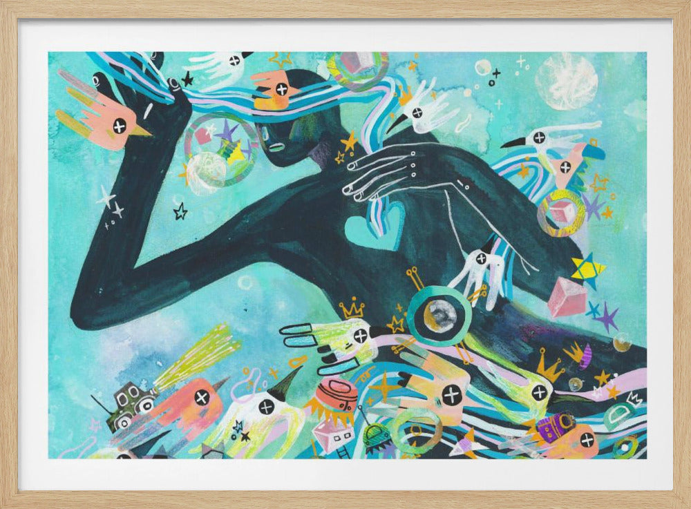 A vibrant abstract painting featuring a dark silhouette of a person against a turquoise background. The figure is surrounded by a chaotic explosion of colorful shapes, including stylized birds, stars, crowns, and geometric forms, creating a dynamic and dreamlike scene. Poster