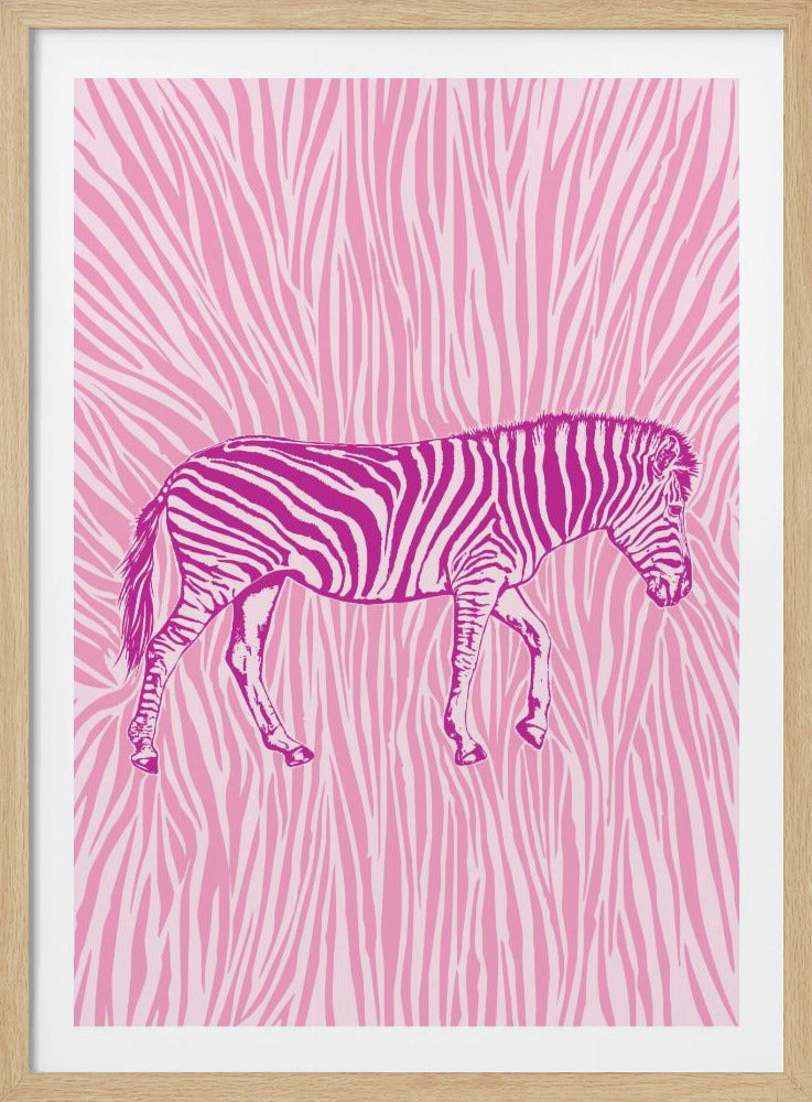 A stylized, two-tone pink illustration of a zebra walking in profile against a background of zebra stripes. The zebra is depicted in a deep magenta, while the background pattern is a lighter shade of pink. The artwork is contained within a simple black frame. Artwork