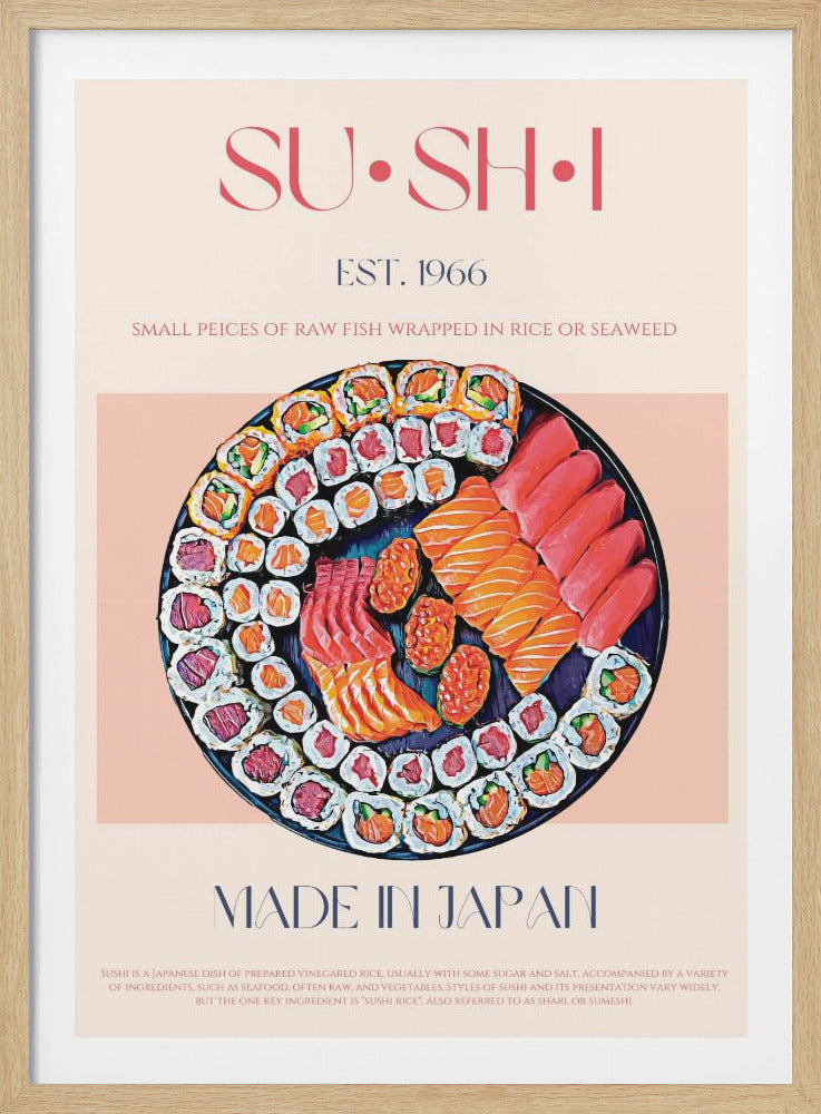 A vintage-style poster advertising sushi, set within a black frame. The poster has a cream background with a pink central band. It features a large, circular platter filled with a colorful assortment of illustrated sushi and sashimi. Above the platter, the text reads 'SU•SH•I' in large pink letters, with 'EST. 1966' below. At the bottom, 'MADE IN JAPAN' is written in a dark blue font, with a small descriptive paragraph about sushi underneath. Wall Art