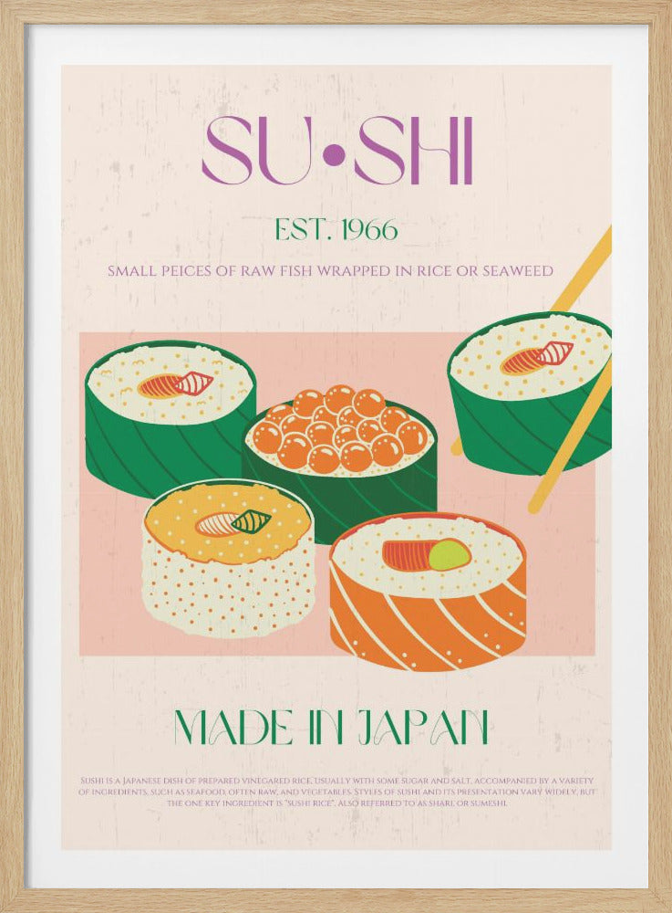 A vintage-style poster advertising sushi, featuring colorful illustrations of various sushi rolls on a light pink textured background. The top reads 'SUSHI EST. 1966' in purple and green text, and the bottom says 'MADE IN JAPAN' with a descriptive paragraph about sushi. Print
