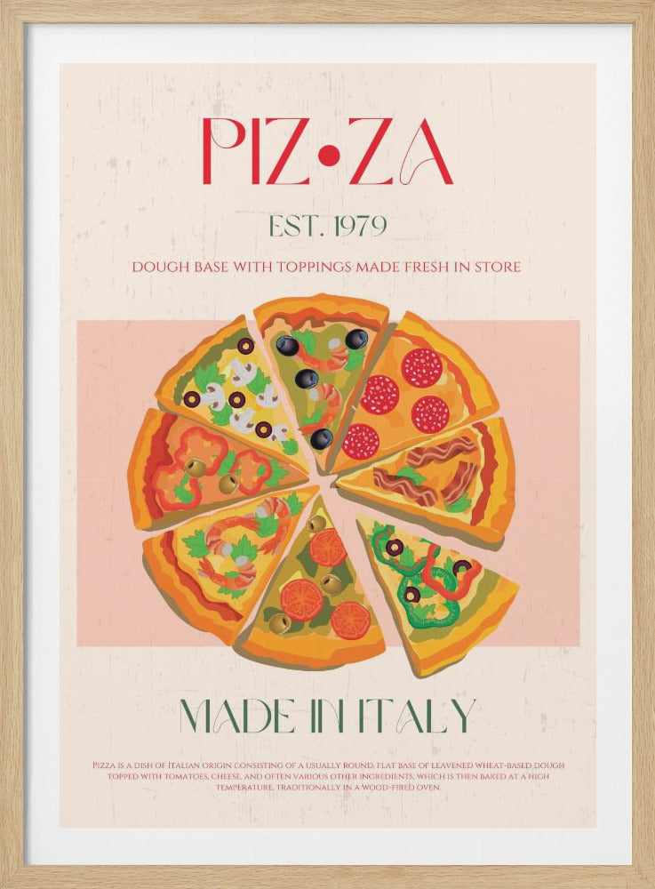 A vintage-style poster advertising pizza, featuring a central illustration of a pizza cut into slices, each with different toppings. The poster has a textured cream background with a pink rectangle, and text that reads 'PIZZA EST. 1979' and 'MADE IN ITALY' in stylized fonts. Print