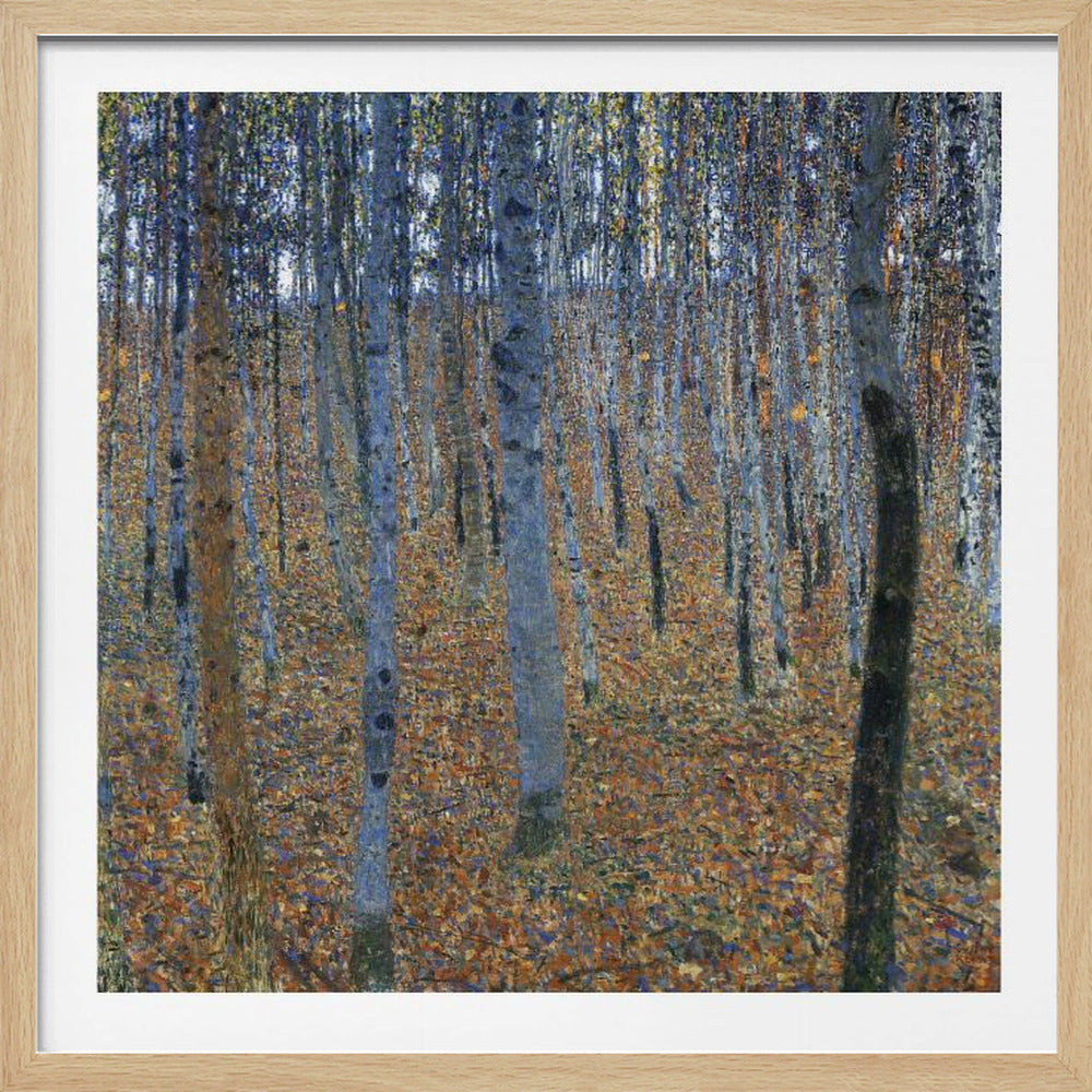 A framed impressionist-style painting of a dense birch forest. The ground is a mosaic of warm orange and brown autumn leaves, contrasting with the cool blue and gray tones of the slender tree trunks that fill the canvas. Print