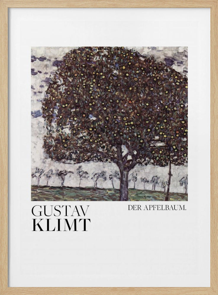 A framed art print of Gustav Klimt's painting 'Der Apfelbaum' (The Apple Tree). The impressionist-style painting depicts a large, full apple tree with a dark, textured canopy dotted with small yellow apples, set against a pale sky and a green meadow. Artwork