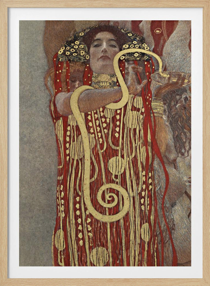 A painting by Gustav Klimt titled 'Hygeia', featuring a woman with red hair and a decorative headdress looking directly at the viewer. She is wearing an ornate red and gold patterned robe and has a large golden snake wrapped around her arms. Artwork
