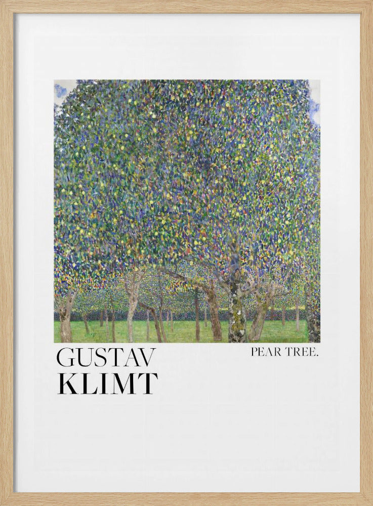 A framed art print of Gustav Klimt's 'Pear Tree.' The painting features a dense canopy of a pear tree, rendered in a pointillist style with a mosaic of green, blue, and yellow dots. Below the main tree, a grassy orchard with more tree trunks is visible. The artwork is set on a white background with 'GUSTAV KLIMT' printed in large black letters on the left and 'PEAR TREE.' on the right. Artwork