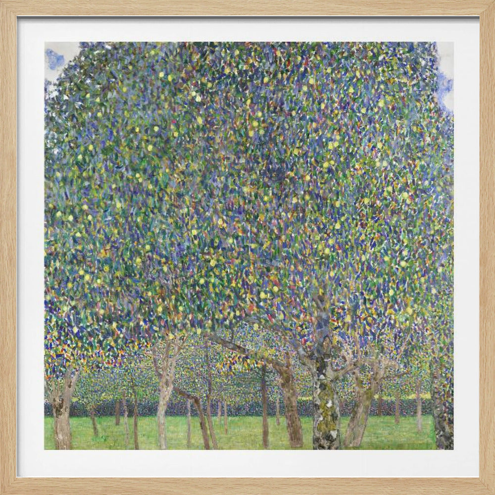 An impressionistic painting by Gustav Klimt of a pear tree orchard. The leaves of the trees are a dense mosaic of green, blue, and yellow brushstrokes, almost completely filling the upper part of the canvas. Below the vibrant canopy, the tree trunks stand on a bright green lawn. Print