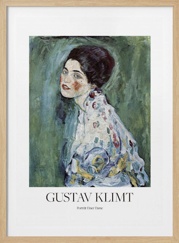 A framed art print poster of Gustav Klimt's "Portrait of a Lady". The painting depicts a woman with dark, upswept hair and blue eyes against a textured green background. The poster includes the text "GUSTAV KLIMT" and "Porträt Einer Dame" below the artwork. Wall Art