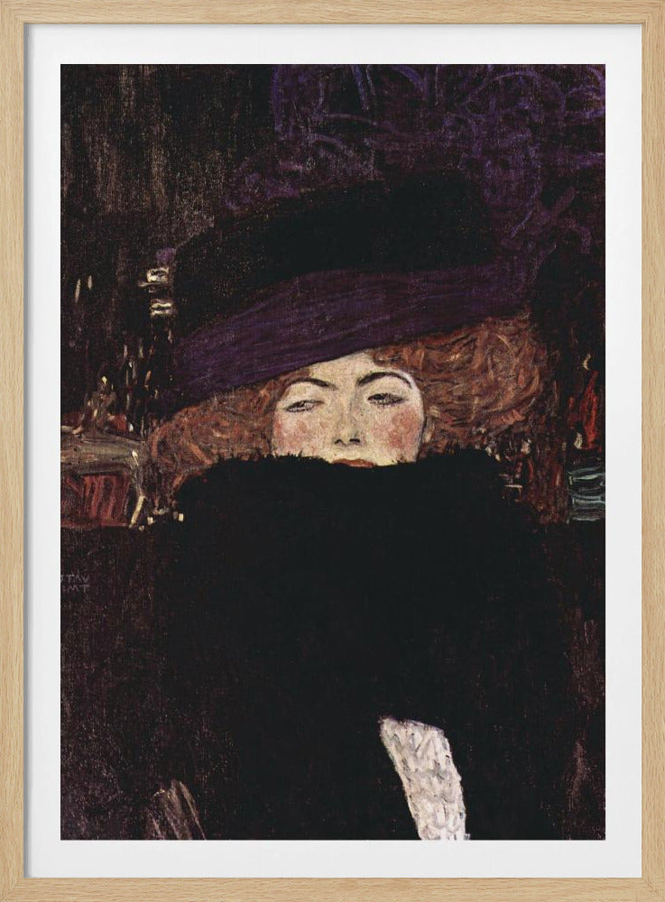 A classic portrait painting by Gustav Klimt of a woman with auburn hair wearing a large purple hat. A voluminous black fur boa covers the lower half of her face, with only her eyes, nose, and rosy cheeks visible as she stares directly at the viewer against a dark, moody background. Decor