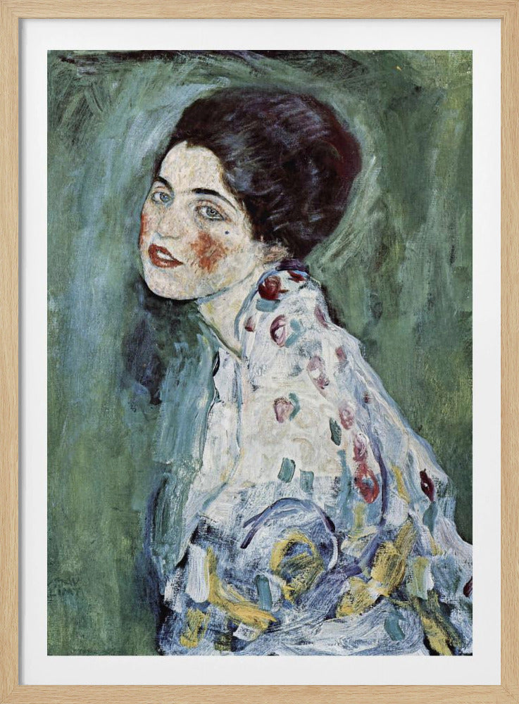 An expressionist portrait painting of a woman with dark hair, blue eyes, and red lipstick, looking back over her shoulder. She wears a patterned dress against a textured green and blue background. The artwork has visible, thick brushstrokes. Artwork