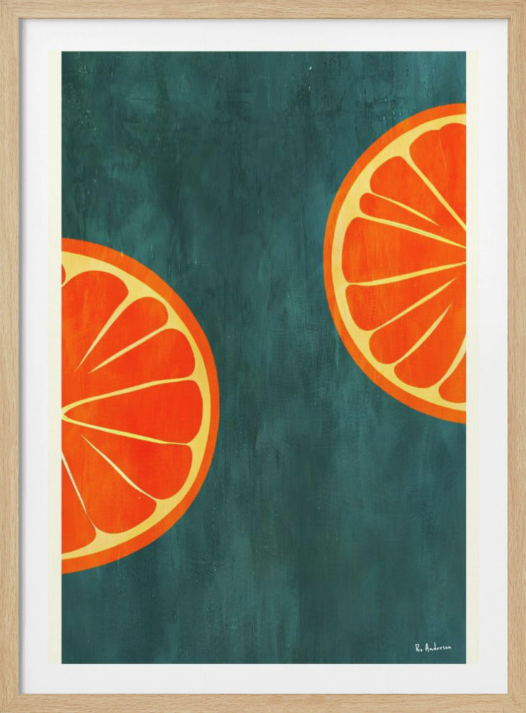 A modern graphic art print of two halves of a sliced orange against a textured dark teal background. The vibrant orange slices are placed diagonally, one in the bottom left and the other in the top right, creating a minimalist and balanced design. Artwork