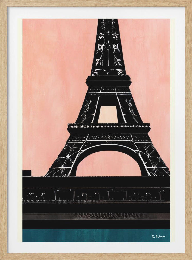 A modern graphic art print of the Eiffel Tower in a black silhouette against a solid, textured pink background. The base of the image has a dark teal horizontal band. The artwork is shown in a black frame. Print