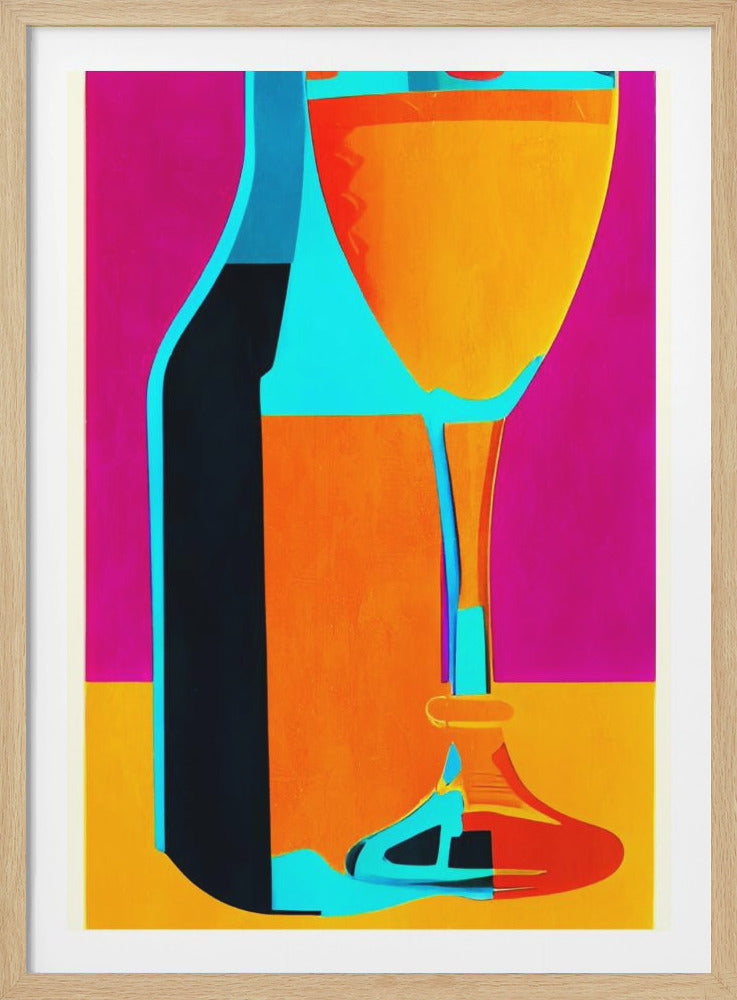 A vibrant pop art style illustration of a wine bottle next to a wine glass. The artwork features bold, flat blocks of color, including a magenta background, an orange and yellow table and glass contents, and bright cyan highlights, all framed in black. Wall Art