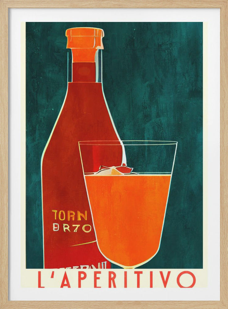 A vintage-style advertisement poster for 'L'Aperitivo', featuring a stylized illustration of a red bottle pouring an orange drink into a glass against a dark teal background. The artwork has a simple, graphic quality and is framed in black. Wall Art