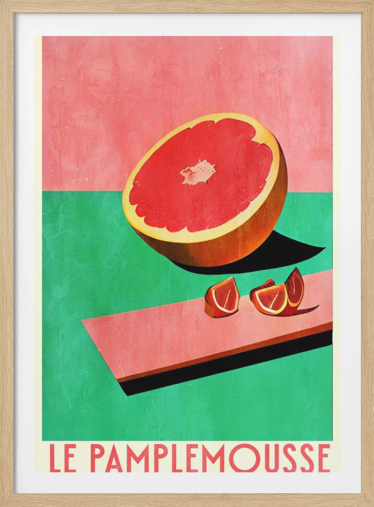 A vintage-style illustration of a large half of a grapefruit, with its vibrant red flesh exposed. The fruit casts a dark shadow on a green surface, with smaller slices resting on a pink board. The background is split between pink and green, and at the bottom, the words 'LE PAMPLEMOUSSE' are printed in red. Artwork