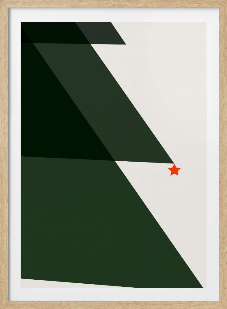 A minimalist abstract painting of a Christmas tree, created with large dark green triangles against a white background, accented with a single small red star. The artwork is presented in a simple black frame. Print