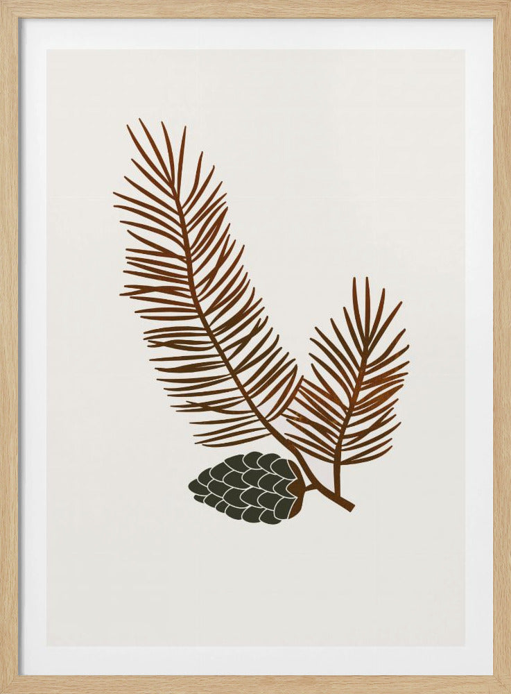 A minimalist art print of a stylized brown pine branch with needles and a dark green pinecone against an off-white background, all within a simple black frame. Wall Art