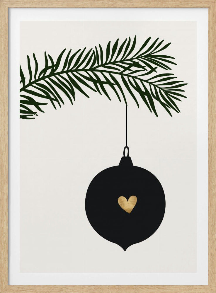 A minimalist digital illustration of a black Christmas ornament with a small gold heart in the center, hanging from a dark green pine branch against a cream-colored background, all enclosed in a thin black frame. Artwork