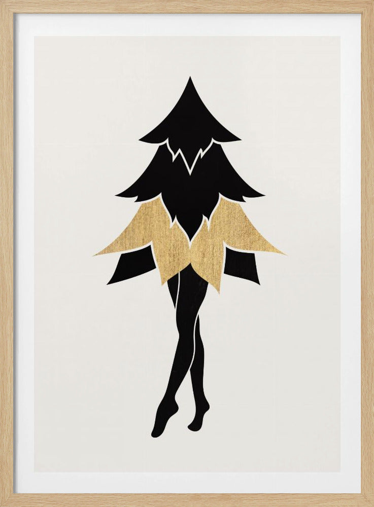 A minimalist framed illustration of a surreal figure with the top of a black fir tree as its torso and head, a gold leaf-like skirt, and slender black human legs posed on tiptoe against a white background. Poster