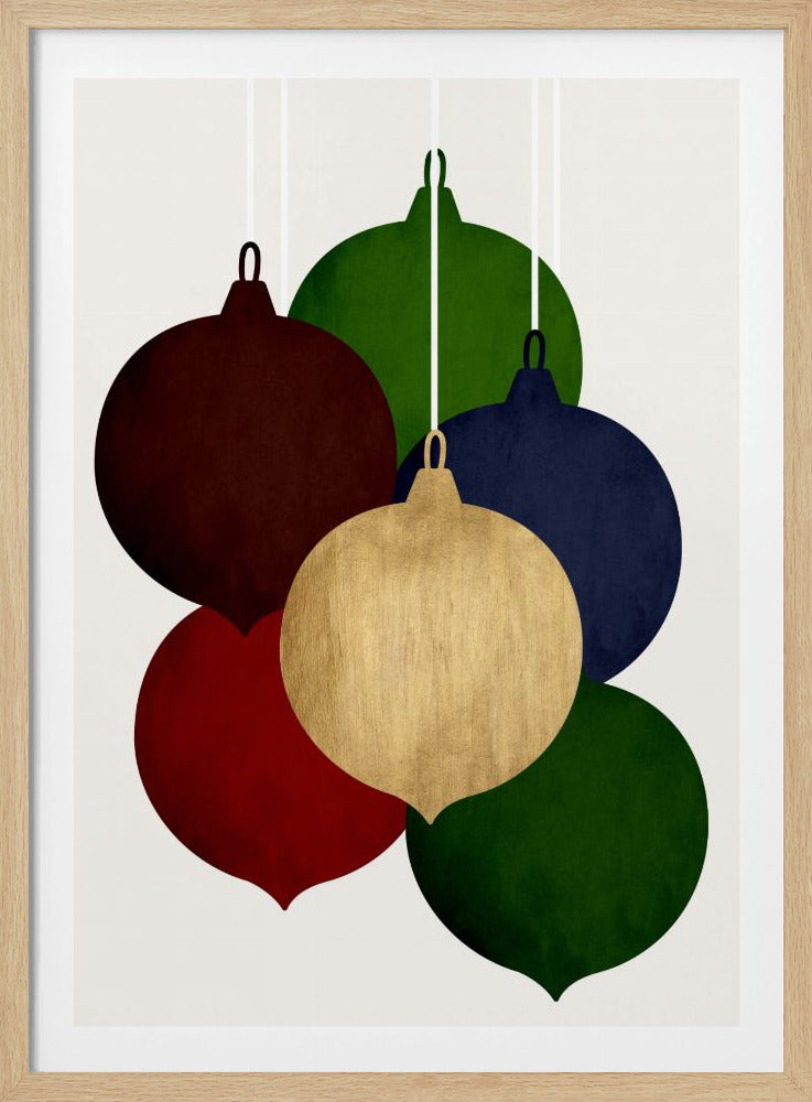 A modern art print showing a collection of six colorful Christmas ornaments in shades of red, green, blue, and gold, hanging against a plain off-white background. Decor