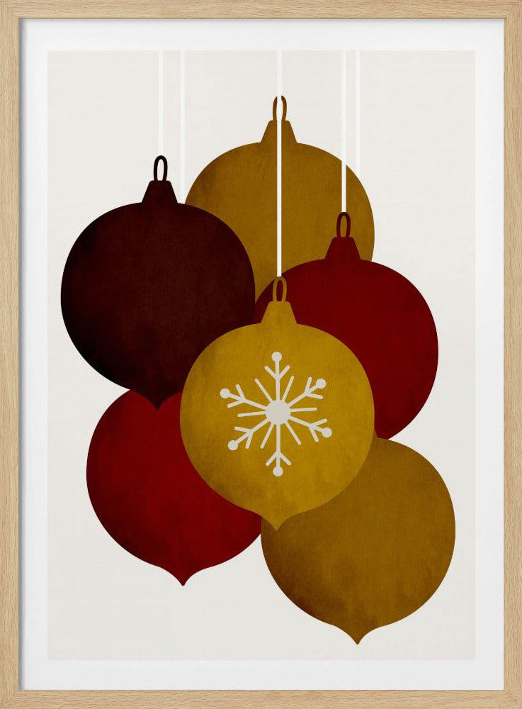 A minimalist illustration of five hanging Christmas ornaments in warm tones of gold, red, and brown. One central gold ornament is detailed with a white snowflake design against an off-white background. Artwork