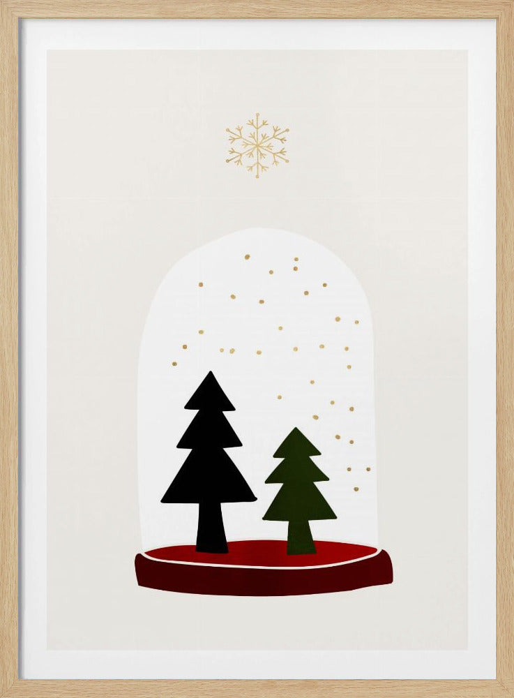 A minimalist illustration of a snow globe against an off-white background. Inside the globe are two simple evergreen trees, one black and one green, with gold dots falling like snow. The globe has a red base, and a single large gold snowflake floats above it. The artwork is enclosed in a thin black frame. Decor
