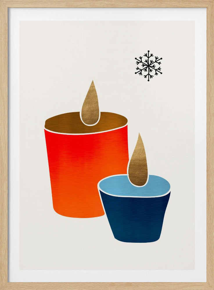 A minimalist illustration of two stylized candles, one large and red-orange, the other small and blue, both with gold flames. A single black snowflake is in the top right corner against an off-white background, all within a black frame. Poster