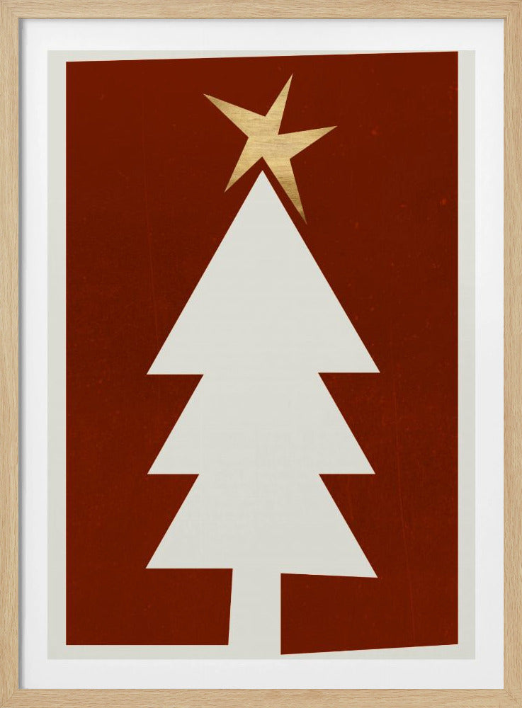 A minimalist graphic illustration of a white Christmas tree with a gold star on top, set against a dark red, textured background and framed in black. Artwork