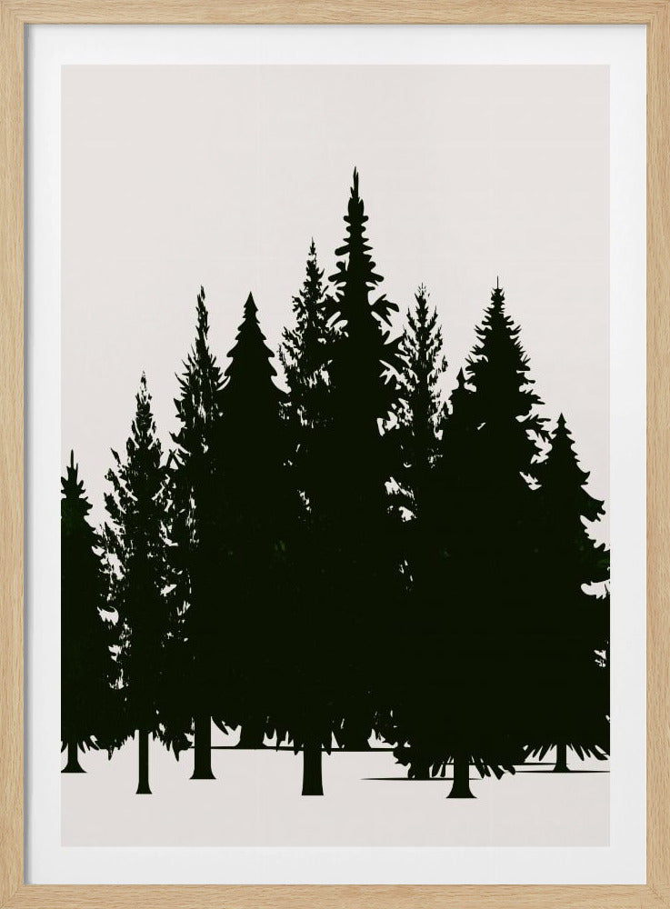 A minimalist framed artwork featuring a dense forest of evergreen trees rendered as dark green silhouettes against a plain, off-white background. Artwork