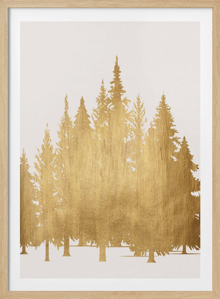 A framed piece of art featuring silhouettes of a pine tree forest in a textured, metallic gold finish against a clean white background, enclosed in a simple black frame. Poster