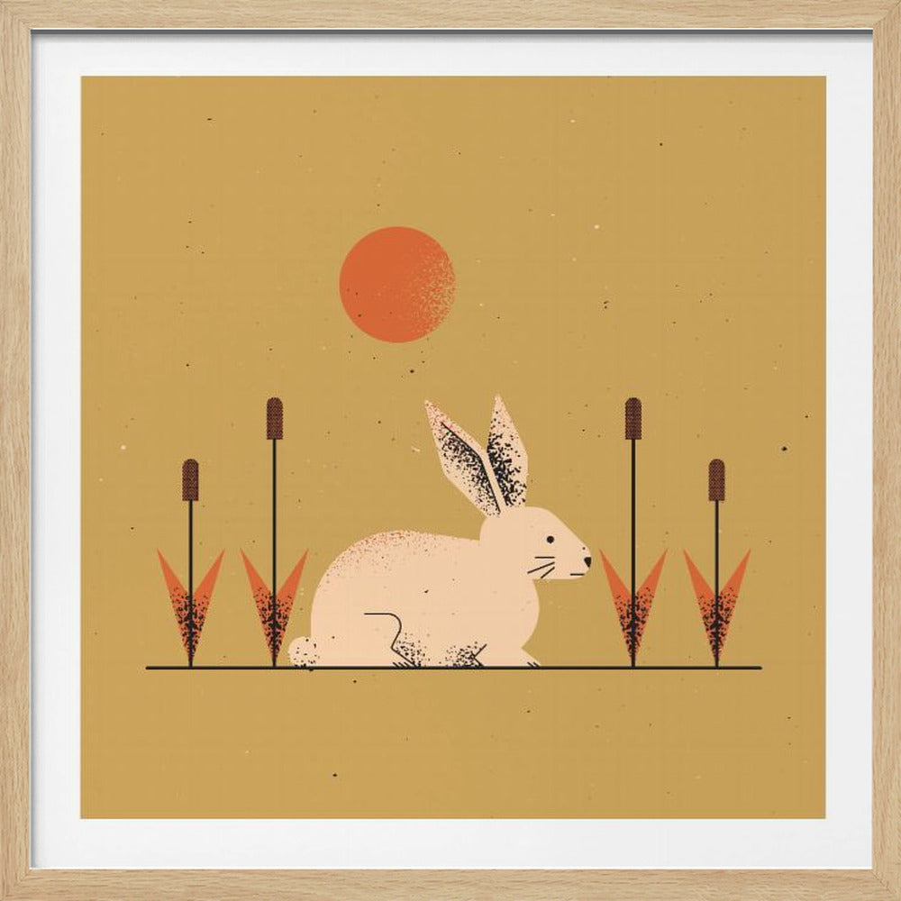 A minimalist graphic illustration of a light pink rabbit sitting amongst cattails under an orange sun. The image has a retro, textured feel against a mustard yellow background, framed in light wood. Artwork