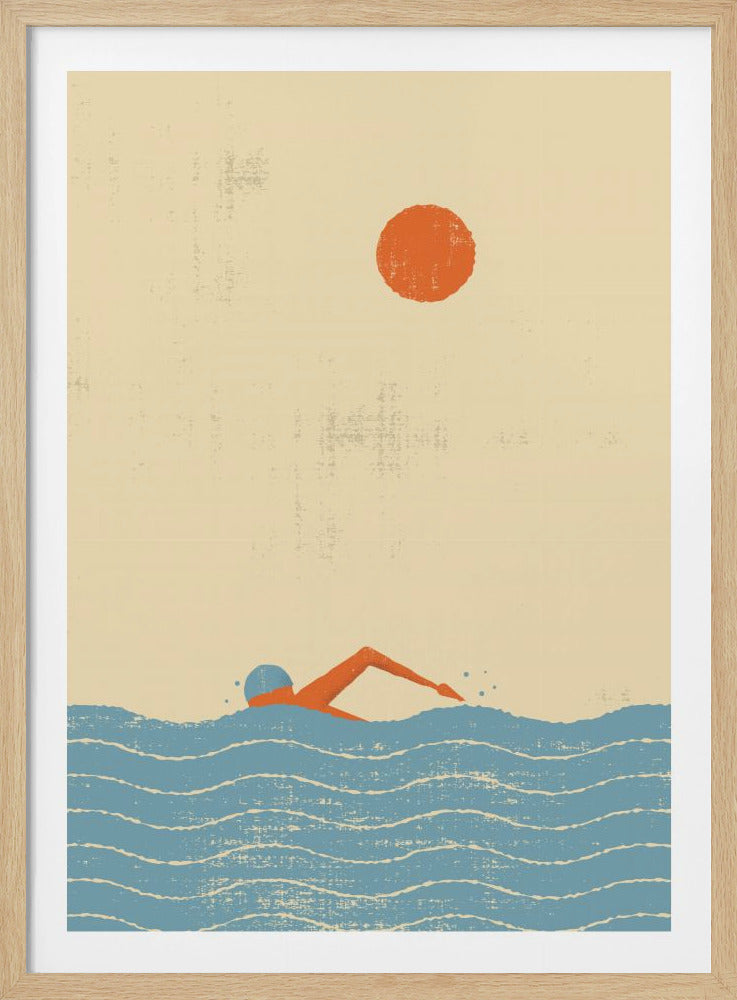 A vintage-style illustration of a person swimming freestyle in wavy blue water. A large orange sun is in the upper portion of the frame against a textured, off-white sky. The entire piece has a distressed, retro aesthetic and is enclosed in a simple black frame. Decor