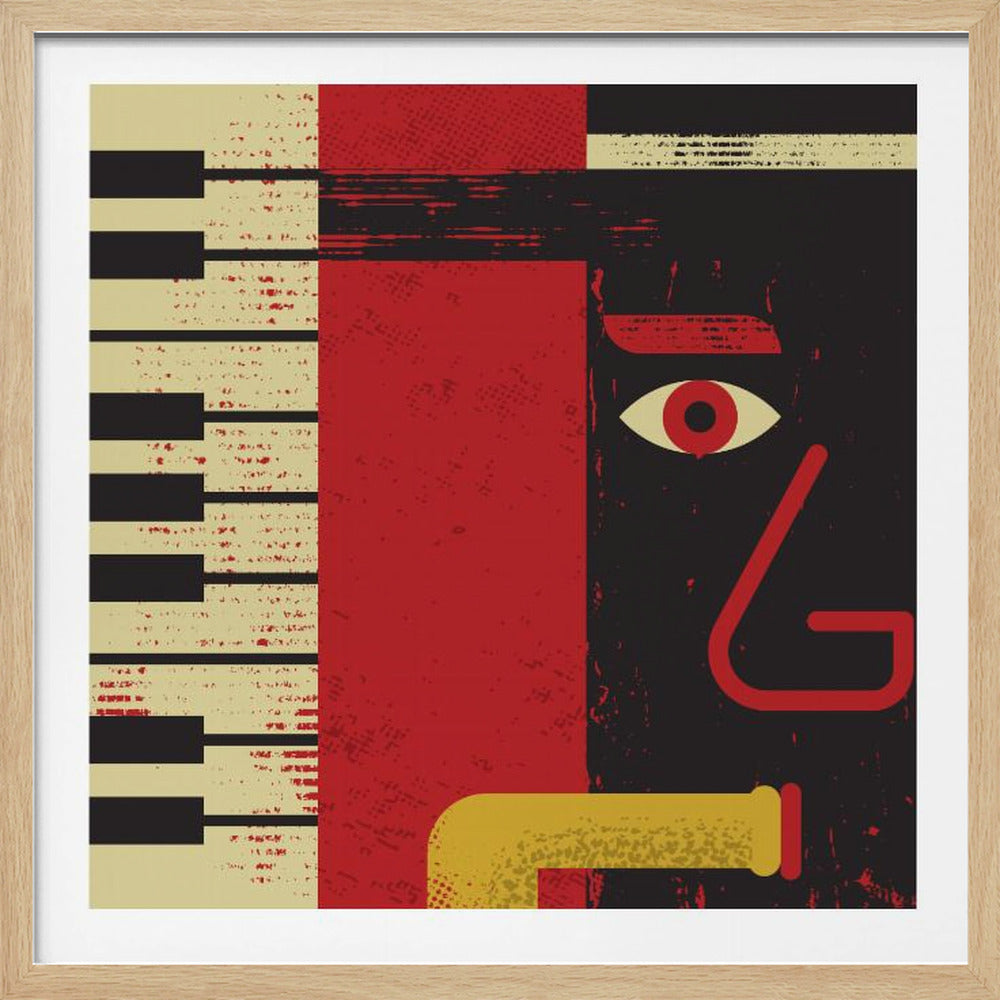A framed abstract jazz music poster featuring a stylized musician's face, a piano keyboard, and a saxophone. The artwork uses a distressed texture with bold red, black, and cream colors for a vintage feel. Decor