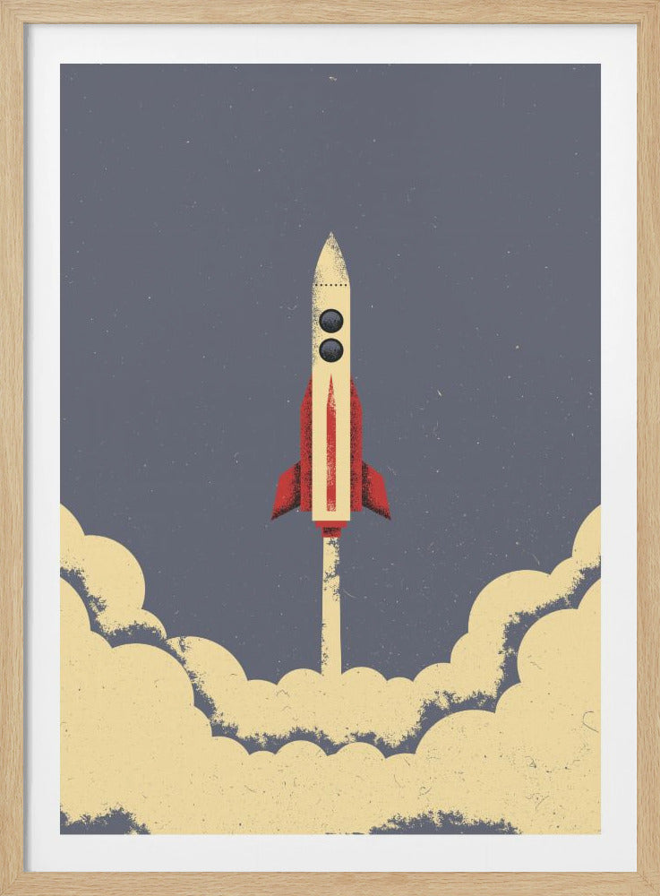 A retro-style illustration of a rocket ship blasting off into a muted blue sky, leaving behind a large plume of cream-colored smoke at the bottom of the frame. Wall Art