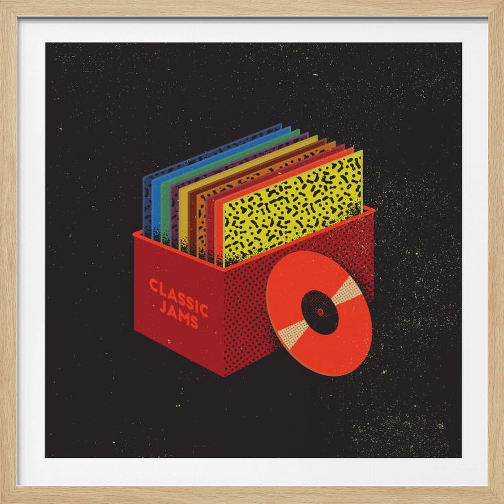 A graphic illustration of a red crate labeled 'CLASSIC JAMS' filled with colorful vinyl records. A single red vinyl record leans against the crate, all set against a speckled black background and enclosed in a light wood frame. Decor