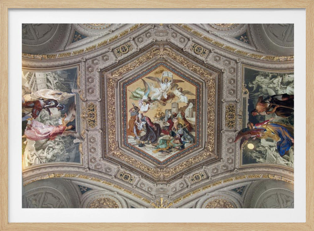 A detailed photograph of an ornate, coffered ceiling from the Renaissance period. The ceiling has intricate grey and gold architectural details, with a central hexagonal fresco and smaller side paintings depicting religious scenes with angels and figures in classical robes, all enclosed in a silver frame. Artwork