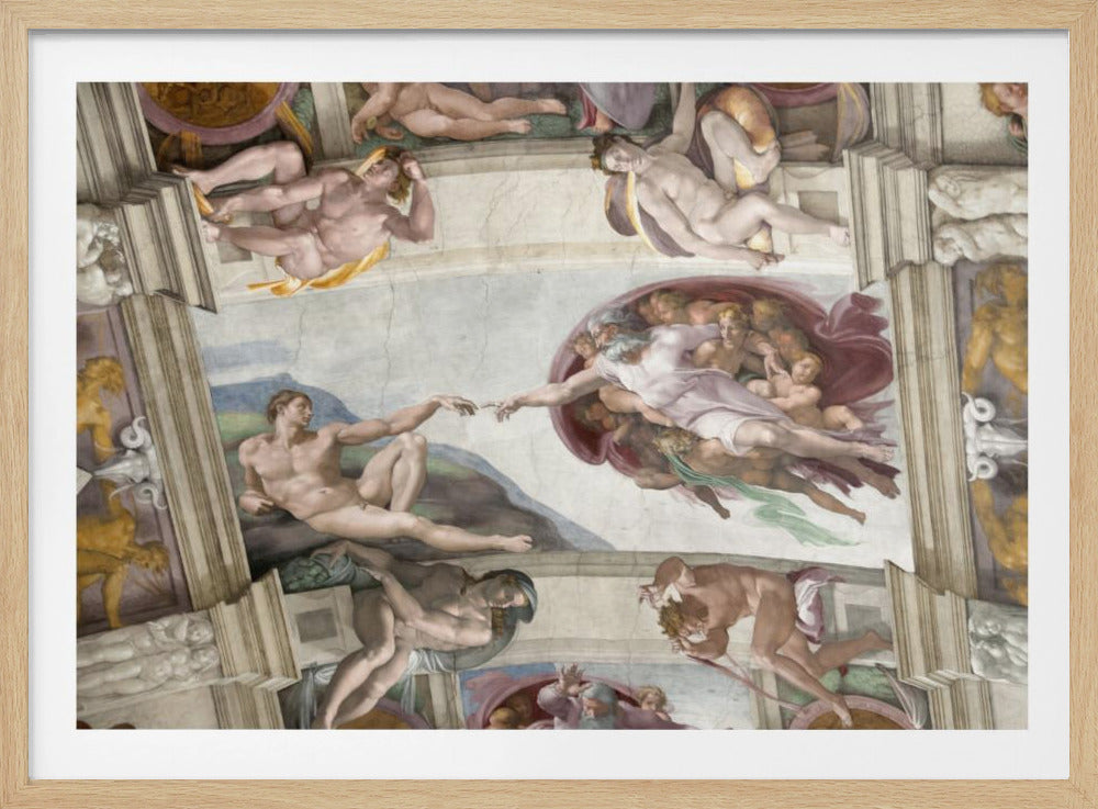 A framed print of Michelangelo's iconic Renaissance painting, 'The Creation of Adam,' showing God reaching from the heavens to give life to a reclining Adam. Poster