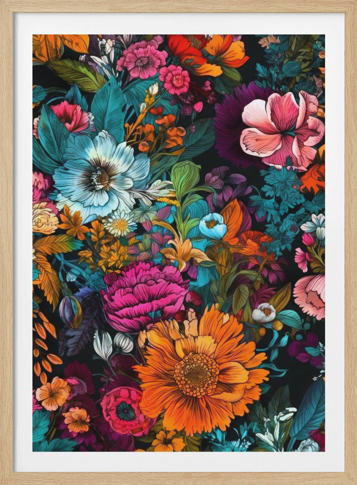 A vibrant, vertical illustration of a dense floral arrangement against a dark background. The artwork features a variety of stylized flowers in vivid shades of blue, pink, orange, and purple, with bold black outlines creating a dynamic and colorful composition. Decor