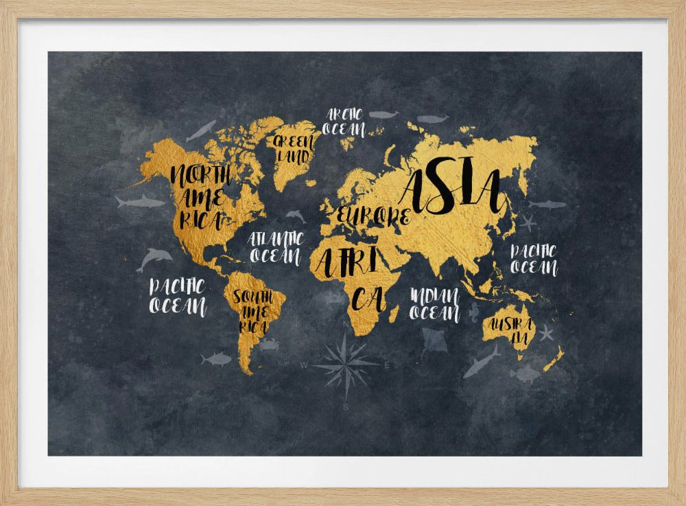 A modern world map artwork with gold leaf continents set against a textured dark gray background. Continents and oceans are labeled with decorative typography, and subtle illustrations of sea life swim in the oceans. The art is presented in a silver frame. Artwork