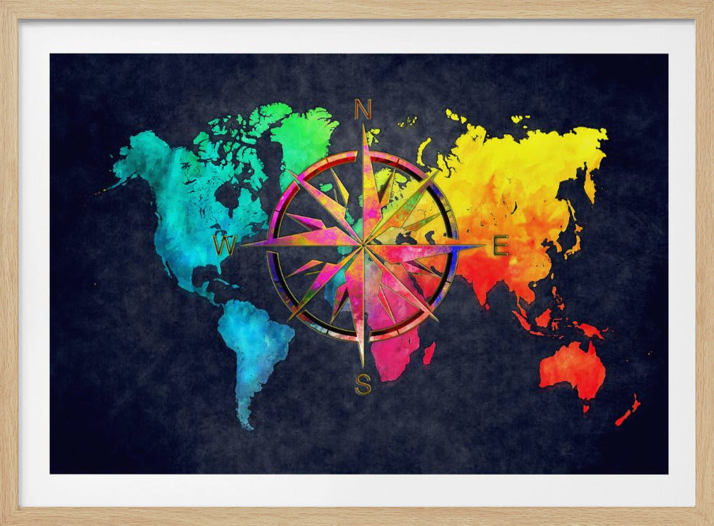 An artistic world map in a silver frame, featuring continents in a vibrant rainbow watercolor style against a dark, textured navy blue background. A large, ornate, and colorful compass rose is superimposed in the center of the map. Artwork