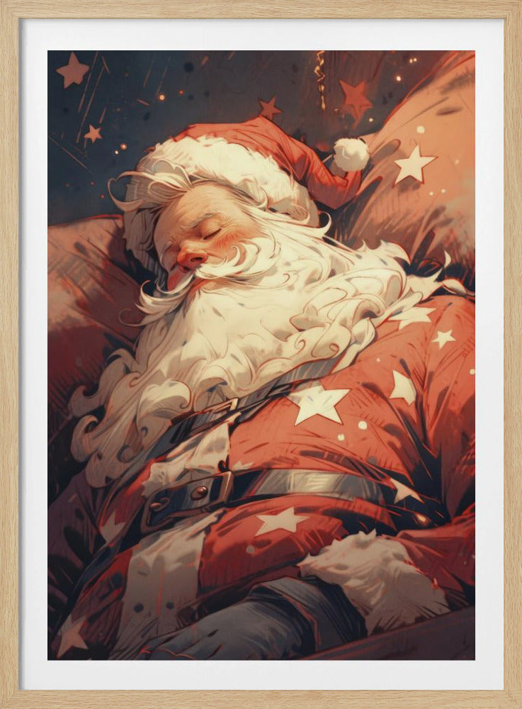 A stylized illustration of Santa Claus sleeping soundly. He wears his classic red suit with white stars and a matching hat, his head resting on a pillow. The background is a dark blue night sky filled with stars, creating a peaceful, festive atmosphere. Decor